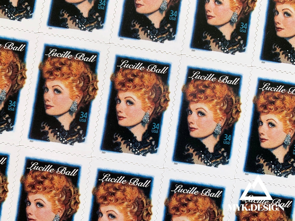 Close-up of the 2001 Lucille Ball U.S. postage stamp (Scott 3523), 34 cents, part of the Legends of Hollywood series. Features a glamorous portrait of Lucille Ball with her signature and elegant styling.