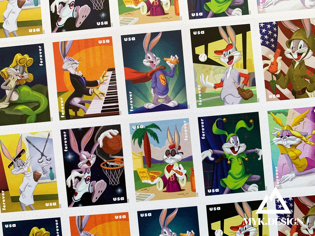 Close-up photo of the 2020 Bugs Bunny U.S. Forever stamps (Scott 5494-5503) featuring Bugs Bunny in various costumes and poses, celebrating the cartoon icon’s legacy.