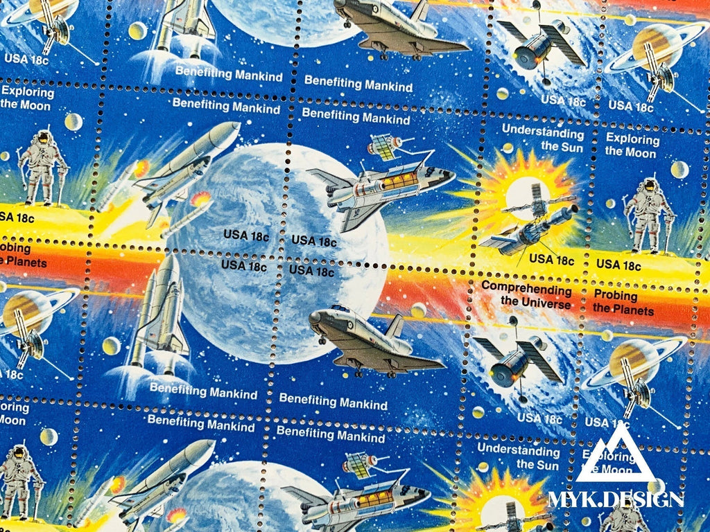 1981 Space Achievement stamps showing shuttles, astronauts, satellites, and planets on a blue starry background.