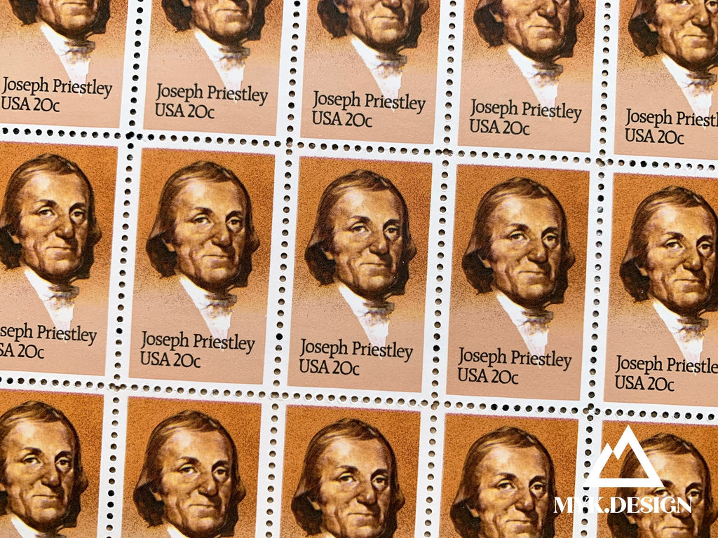 Close-up of Joseph Priestley 20¢ U.S. postage stamps from 1983 (Scott 2038), honoring the chemist who discovered oxygen.