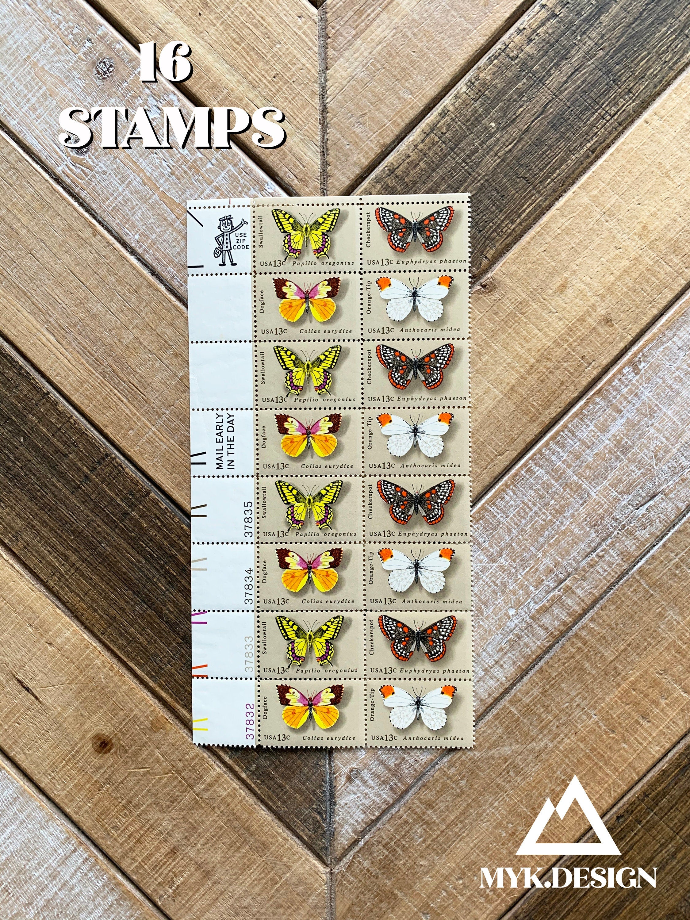 Butterfly Stamp Sheet, 50 Stamps, 13 Cent US Postage Stamps, 1977, Dogface,  Swallowtail, Orange-tip, Checkerspot 